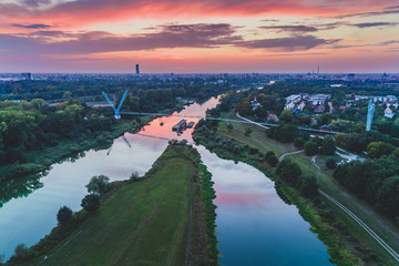 Sunset at Odra river in Dabie panorama aerial view