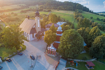 Old church in Tylicz aerial view