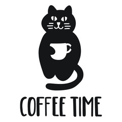 Coffee time. Cat with coffee cup. Hand drawn vector lettering illustration for postcard, t shirt, print, stickers, posters design.