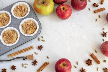 Cooking background - flat lay of inredients for apple pie or muffins, autumn bakery.