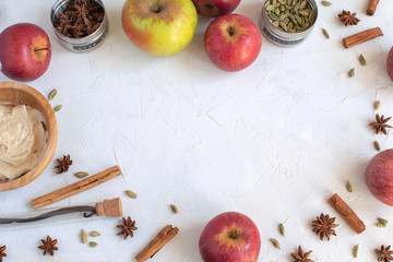 Cooking background - flat lay of inredients for apple pie or muffins, autumn bakery.