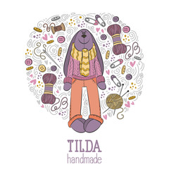 Colorful vector hand drawn set of object Hand Made Tilde doll hare cartoon doodle