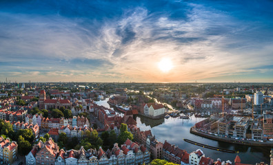 Panorama of Gdańsk in the morning aerial view