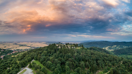 Fototapeta na wymiar Srebrna Góra fortress with beautiful panorama of Sudety mountains aerial view