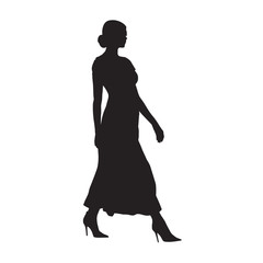 Fototapeta na wymiar Businesswoman walking, side view, isolated vector silhouette. Business people, model. Attractive people