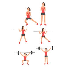 Women workout set. All kinds of exercises in gym,  body lifting and more. Healthy lifestyle.