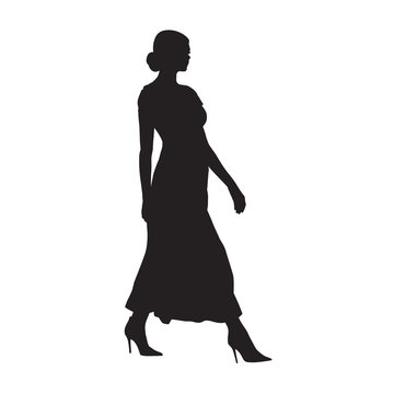 Businesswoman walking, side view, isolated vector silhouette. Business people, model. Attractive people