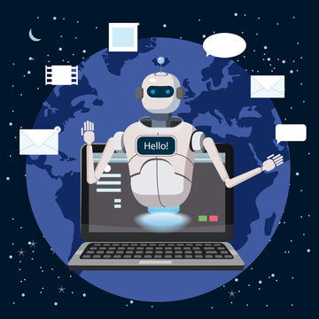 Free Chat Bot, Robot Virtual Assistance On Laptop Say Hello Element Of Website Or Mobile Applications, Artificial Intelligence Concept Cartoon Vector Illustration Earth Background