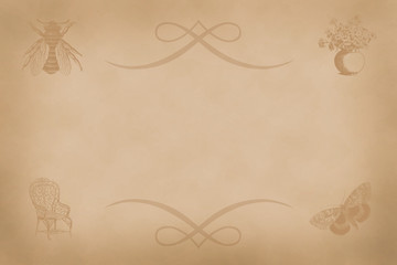Old sheet of paper with an ornament and the image of a fly, a chair, butterflies, a vase of flowers, nostalgic sentimental vintage style