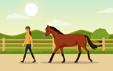 Cowgirl leading saddled horse background landscape afternoon