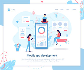 Team of developers construct mobile app. UI UX design. Web banner design template. Flat vector illustration.