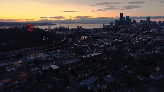 Seattle Washington Cityscape Night Aerial
