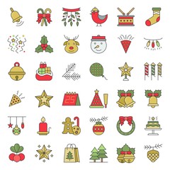Christmas ornaments icon set, flat design editable stroke