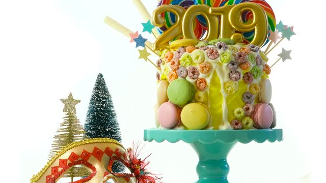 Happy New Year's candy land lollipop drip cake with 2019 candles on white background.