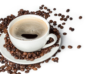 White cup of black coffee with roasted coffee beans