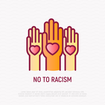 No to racism thin line icon: hands with hearts on their palms. Modern vector illustration of tolerance, social equality.