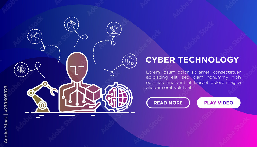 Poster cyber technology concept with thin line icons: ai, virtual reality glasses, bionics, robotics, compu