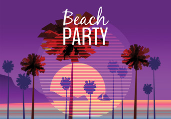 Beach party at seashore, sea landscape with palms, minimalistic illustration. Seascape sunrise or sunset. Vector background, isolated