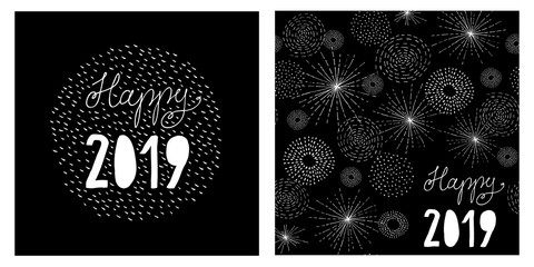 Funny Hand Drawn New Years Eve Vector Card. White Infantile Style Design. Black Background. Cute Simple Drawing. Abstract White Fireworks. Handwritten Happy 2019. 