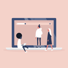 Feminism. Women's platform. Website. Female community. Laptop screen. Digital project for girls. Flat editable vector illustration, clip art