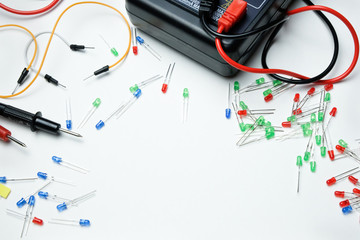 Multimeter, Red Green Blue Diodes, Wires On The White Background