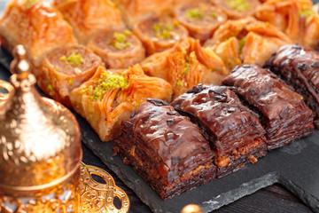 Traditional Baklava on Wooden Table