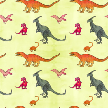 Dinosaur and palm trees, cartoon character. Illustration for children. Use printed materials, signs, items, websites, maps, posters, postcards, Drawing watercolor.Seamless pattern.