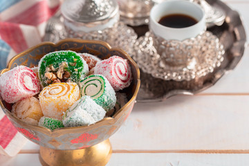 Turkish delight on a wooden table