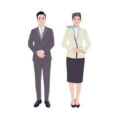 Aircraft or cabin crew with steward or pilot and stewardess icons. Friendly flight attendants and copilot. Smiling characters in working uniform 