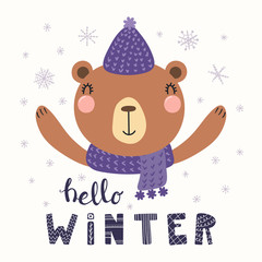 Hand drawn vector illustration of a cute funny bear in knitted hat, muffler, with text Hello Winter. Isolated objects on white background. Scandinavian style flat design. Concept for children print.