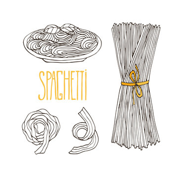 Spaghetti ketches . Vintage hand drawn pasta. Isolated italian food for menu design. Sketch set of pasta illustration.