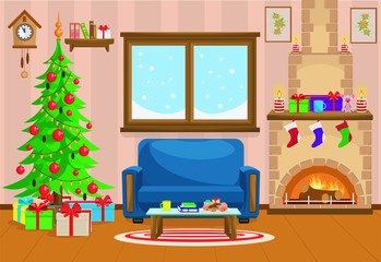 Vector illustration of Christmas living room with Christmas tree, gifts, sofa, table with treats, snow-covered window and fireplace.