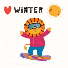 Fotobehang Hand drawn vector illustration of a cute funny lion snowboarding outdoors in winter, with text Winter. Isolated objects on white background. Scandinavian style flat design. Concept for children print. © Maria Skrigan