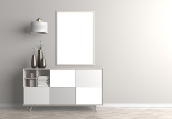 Mock up poster frame in Scandinavian style hipster interior. 3D illustration