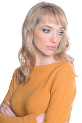 Naklejka premium Portrait of beautiful sad woman on white background