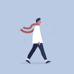 Young male character wearing a scarf. Autumn. Windy weather. Flat editable vector illustration, clip art