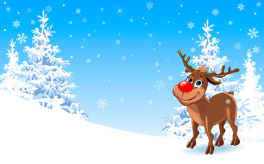 Cute reindeer, greeting card. Cartoon deer on a winter background
