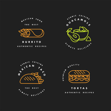 Vector set of design templates logos and emblems - mexican food. Mexican national traditional food. Logos in trendy linear style isolated on white background.