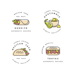 Vector set of design templates logos and emblems - mexican food. Mexican national traditional food. Logos in trendy linear style isolated on white background.