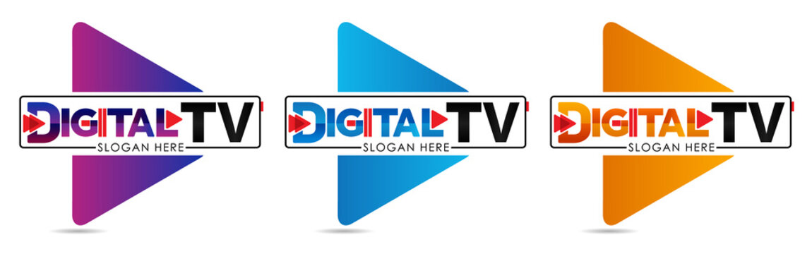 Digital TV logo Template. Media company logo or film production studio or audio-visual studio or on-line media. TV company. Creative media television logotype. Abstract colored vector play logotype.