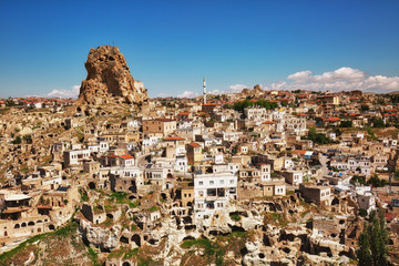 Fototapeta na wymiar View to Ortahisar cave fortress, popular tourist attraction in Cappadocia, Turkey