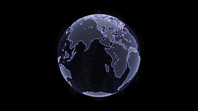 Hologram of a rotating planet Earth. 3d globe animation on black background with seamless loop