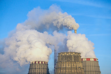 cooling towers of thermal power plant in winter