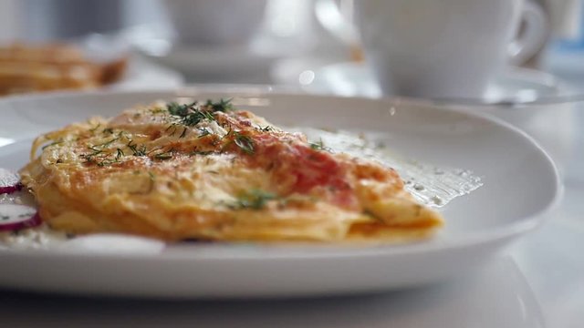 Breakfast of omelet with orange juice, close-up. slow motion, 1920x1080, full hd