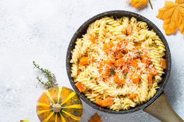 Pumpkin pasta with thyme, cream sauce and parmesan.