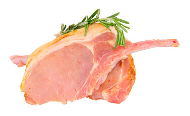 Two fresh raw tomahawk pork chops isolated on a white background
