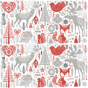 Cute Christmas pattern in Scandinavian style. Editable vector illustration