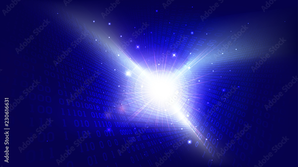 Poster binary code in abstract futuristic cyberspace, matrix shining blue background with digital code, big