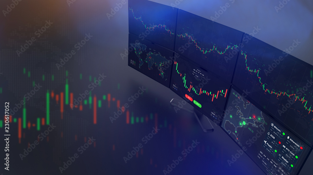 Poster futuristic stock exchange scene with charts, numbers and world trading map displayed on multi screen