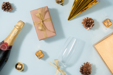 Birthday party background in Gold color. Flat lay, top view